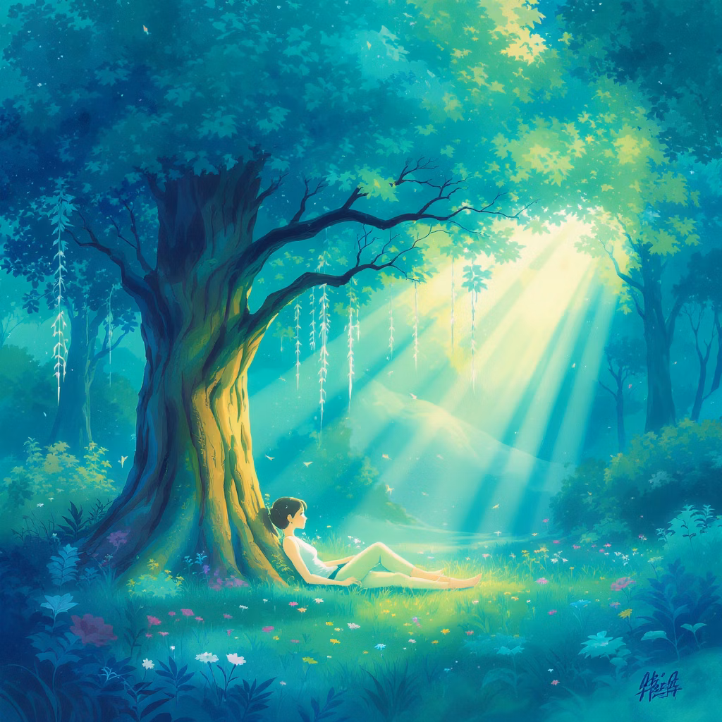 Emotionale Freiheit - Illustration einer Person unter einem Baum in friedlicher Atmosphäre